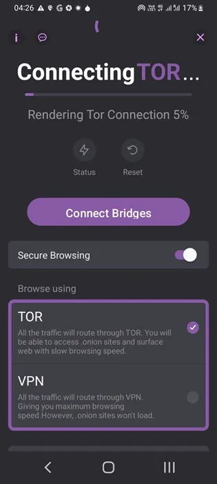 Tor verbinden via de Ornet-app op Android.