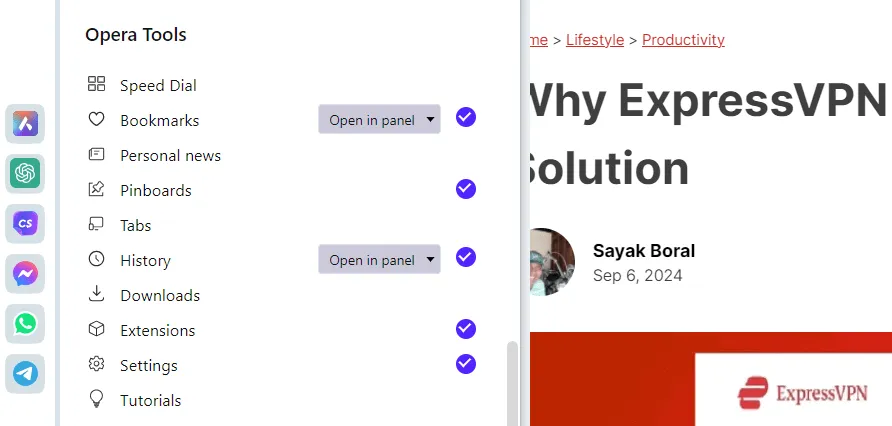 Różne narzędzia w pasku bocznym przeglądarki Opera