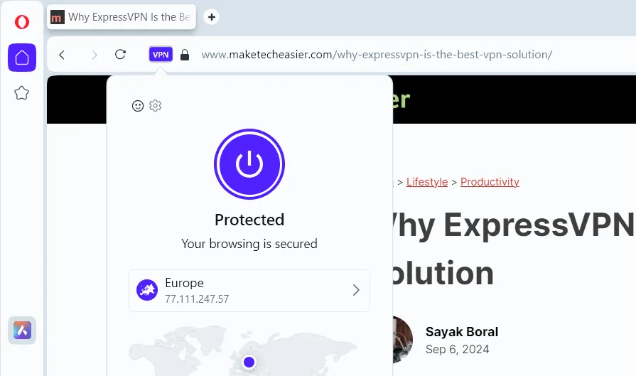 Connected status of Opera's VPN