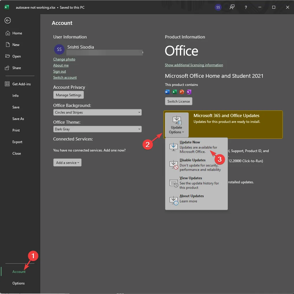 アカウント - 更新 - Excel の自動保存が機能しない