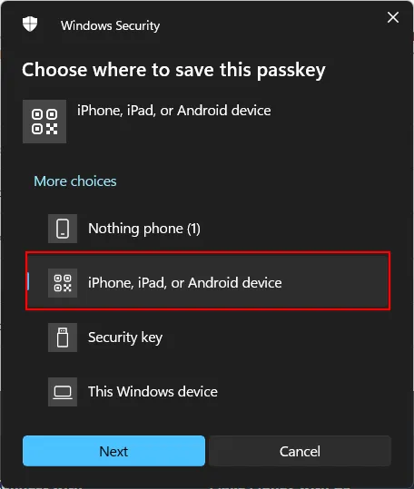 Choose device for passkey setup