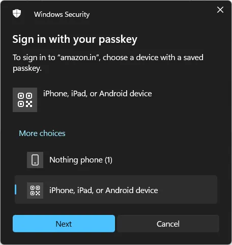 Select iPhone for passkey authentication