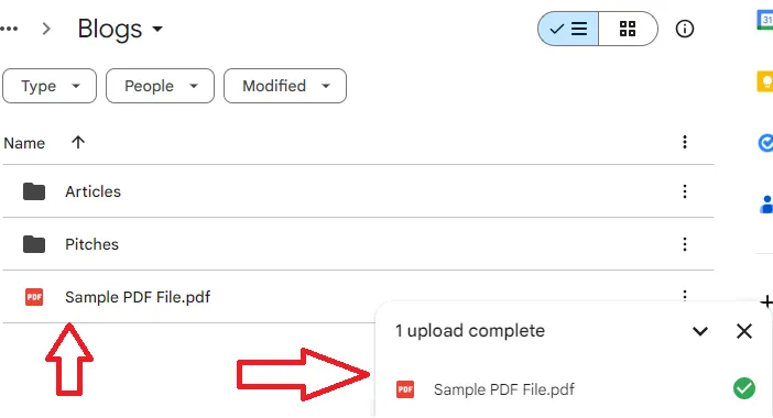 O arquivo PDF enviado fica visível no Google Drive.