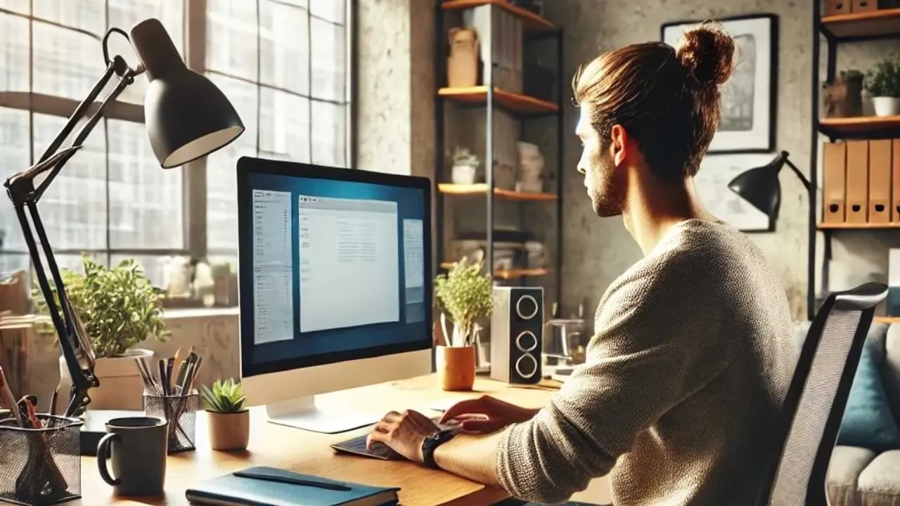 Ein in DALL-E erstelltes Bild einer Person, die an ihrem Computer arbeitet