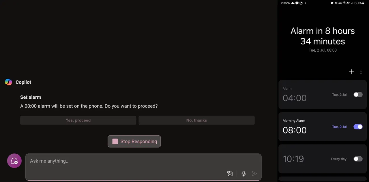 Phone Copilot sets alarm