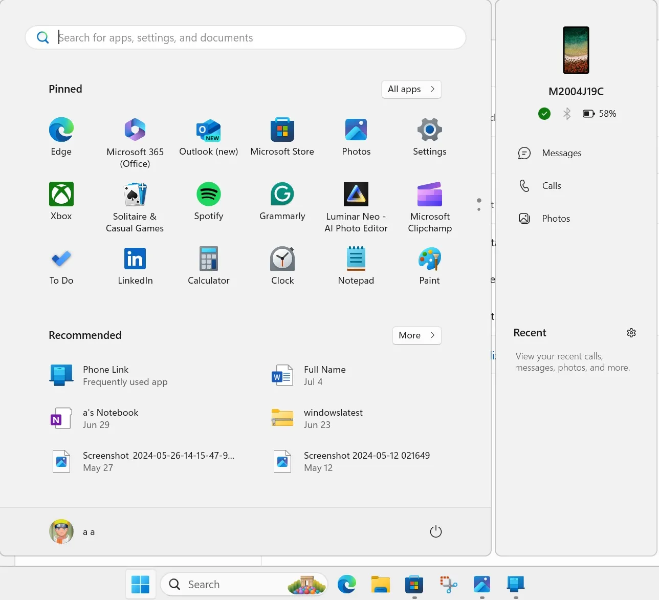 panel towarzyszący łącza telefonicznego w menu startowym systemu Windows 11