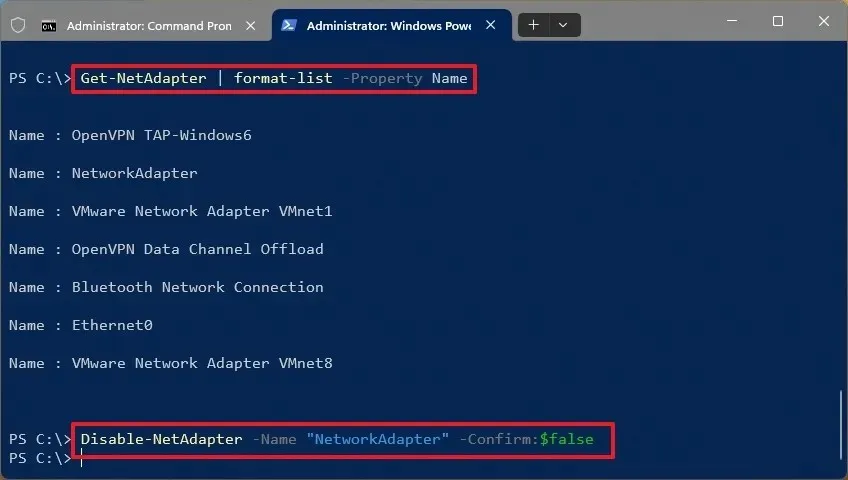 Comando de desabilitação do adaptador de rede do PowerShell