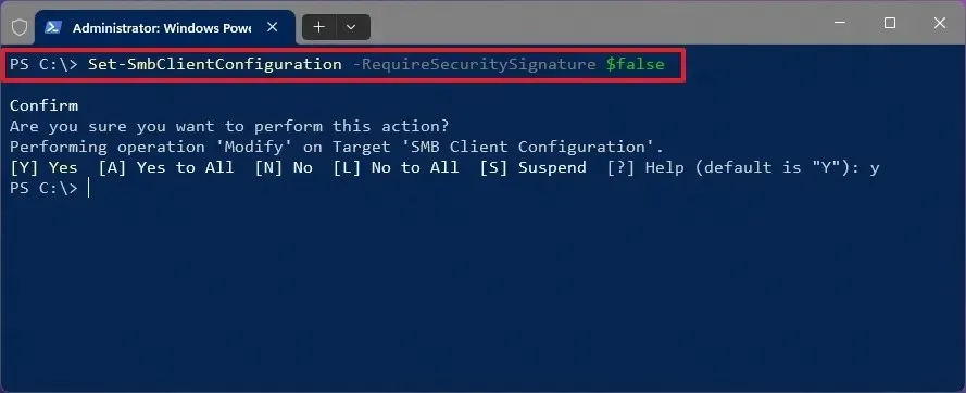 PowerShell disabilita la firma SMB