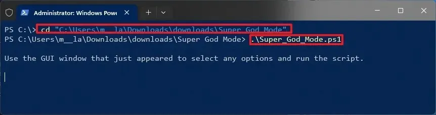 PowerShell uruchamia skrypt Super God Mode