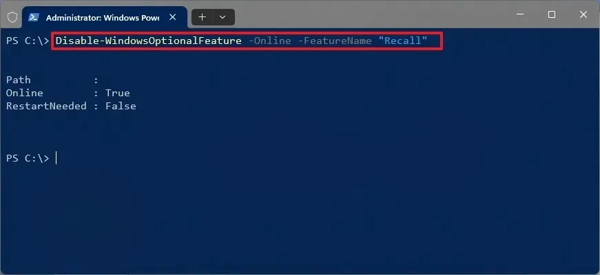 Desinstalación de PowerShell Recall AI