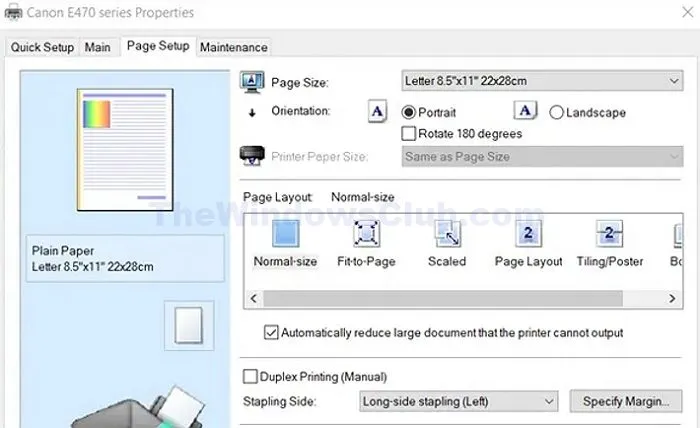 Configuración de la página de la impresora