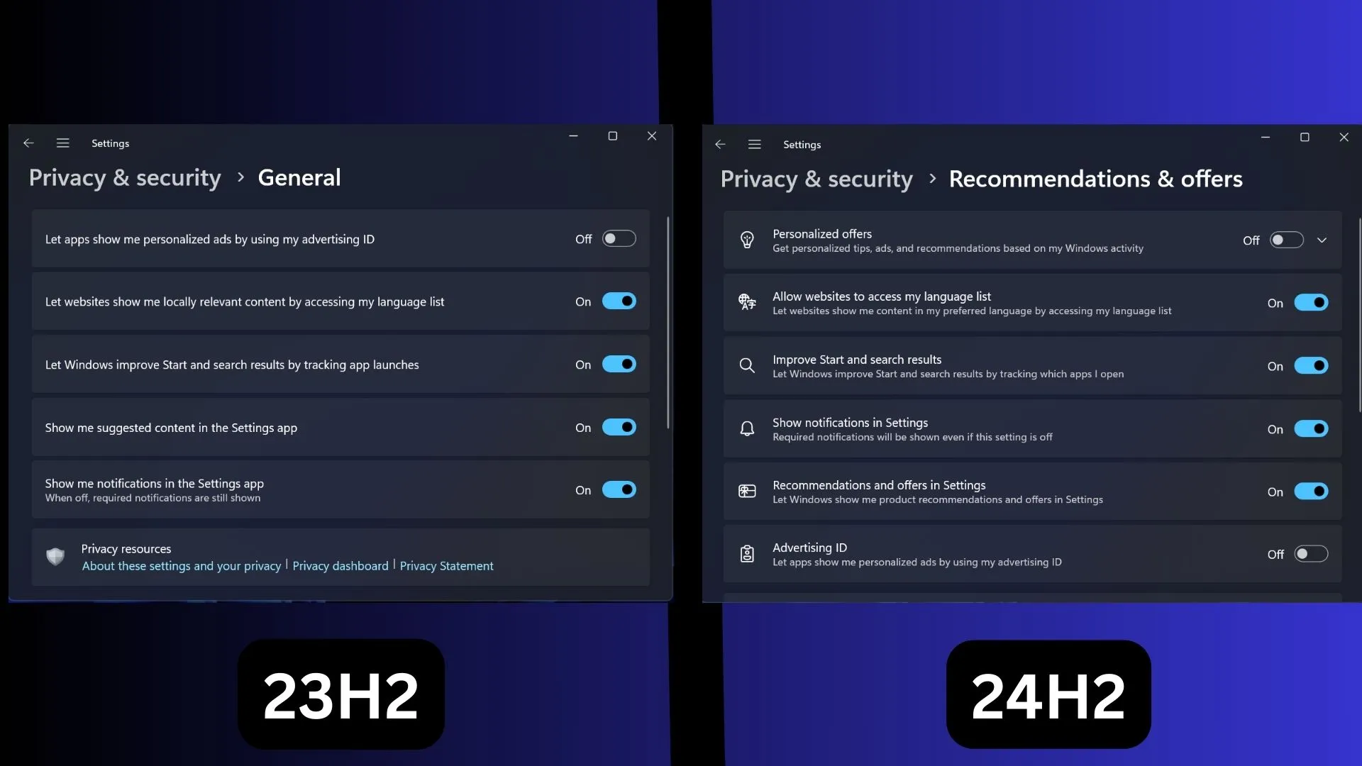 confronto delle pagine delle impostazioni di privacy e sicurezza in Windows 11 23h2 e 24h2