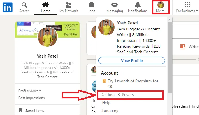 Click on the Settings & Privacy option from Me tab on LinkedIn Web.