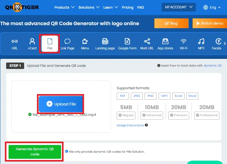 Carica il file video MP4 sulla piattaforma Qr Code Tiger per creare un codice QR.