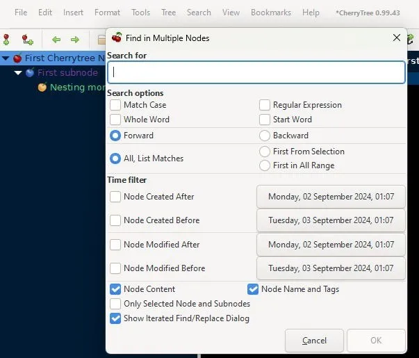 在 Cherrytree 中搜尋節點。