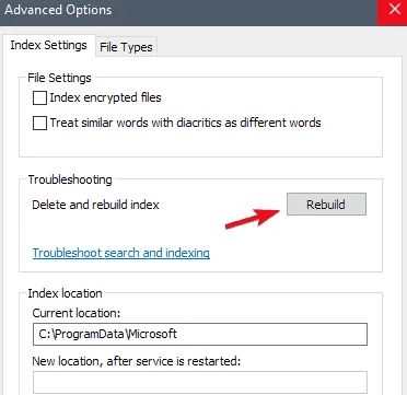 reconstruir opciones de indexación