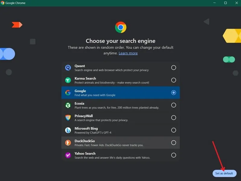 Standaardzoekmachine selecteren voor nieuw profiel in Chrome-browser.