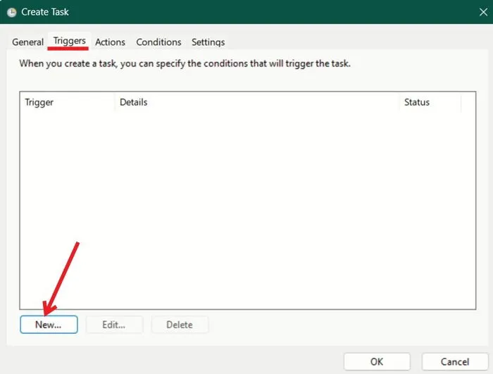 在任務計劃程序中建立新觸發器。