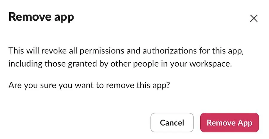 Supprimer la confirmation de l'application Slack sur la Marketplace