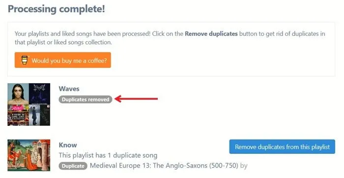Spotify Dedup showing that it has removed duplicates from playlist.