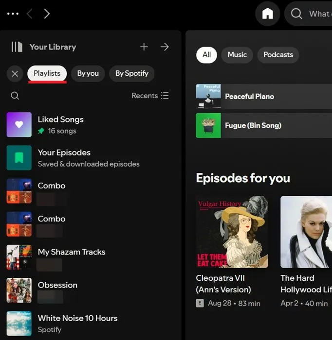 Switching to Playlists tab in Spotify on PC.