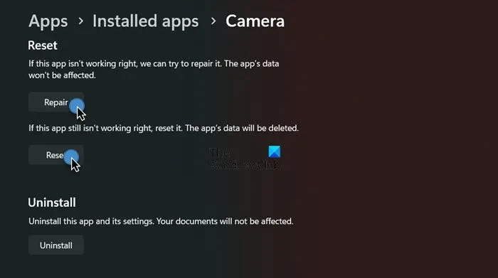 Riparare o ripristinare l'app della fotocamera