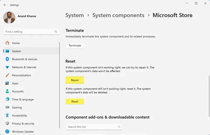 Redefinir e reparar a Microsoft Store