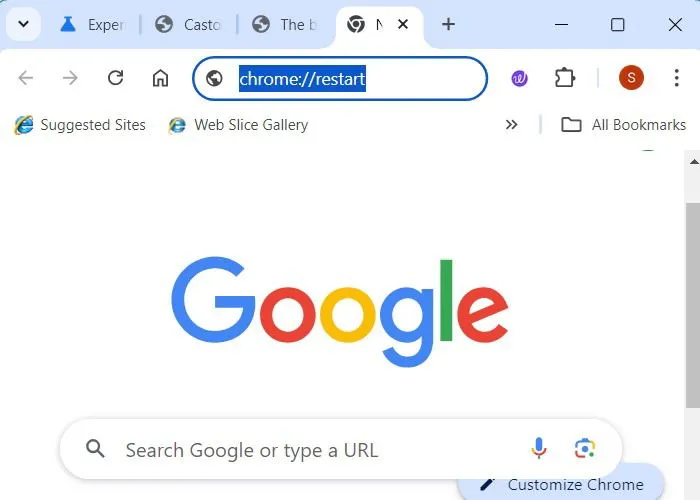 ブラウザのアドレスバーに「Chrome://restart」と入力します。