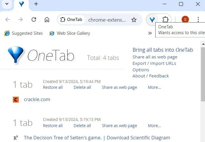 Multiple tab sessions organized by date and time in OneTab for Chrome.