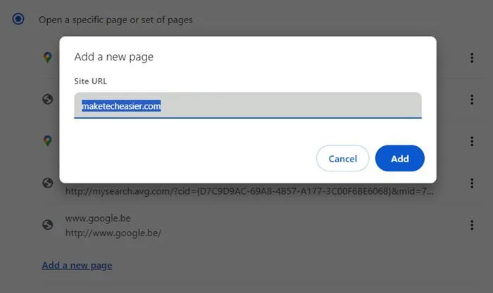 Adding a new webpage to a specific set of pages in Chrome startup settings.