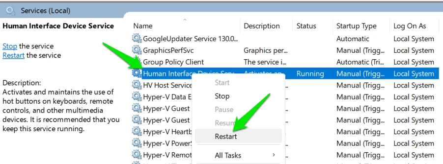 Reiniciar el servicio HID en los Servicios de Windows