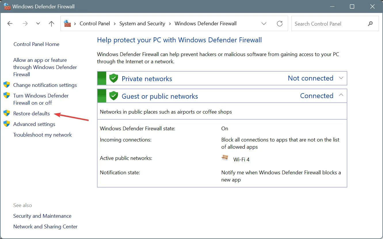 Restaurar los valores predeterminados del firewall para solucionar el error ERROR_CANNOT_DETECT_DRIVER_FAILURE