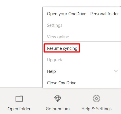 Reanudar la sincronización en OneDrive