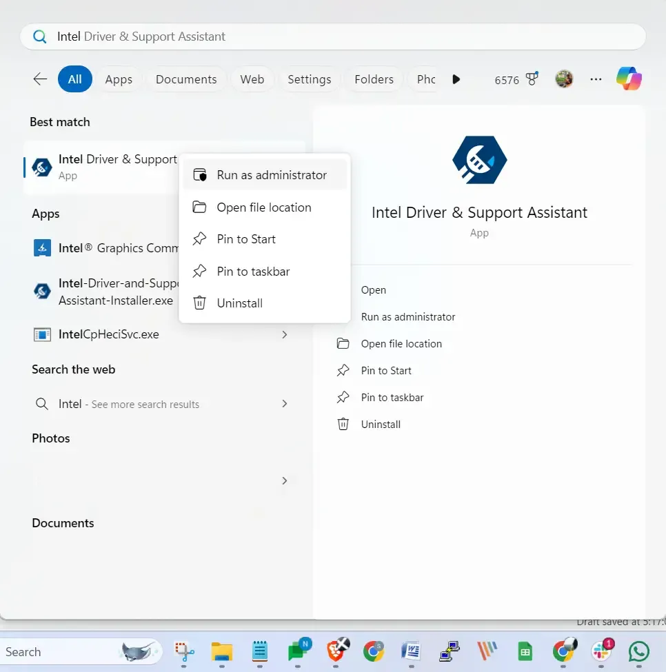 esegui come amministratore Intel Driver and Support Assistant