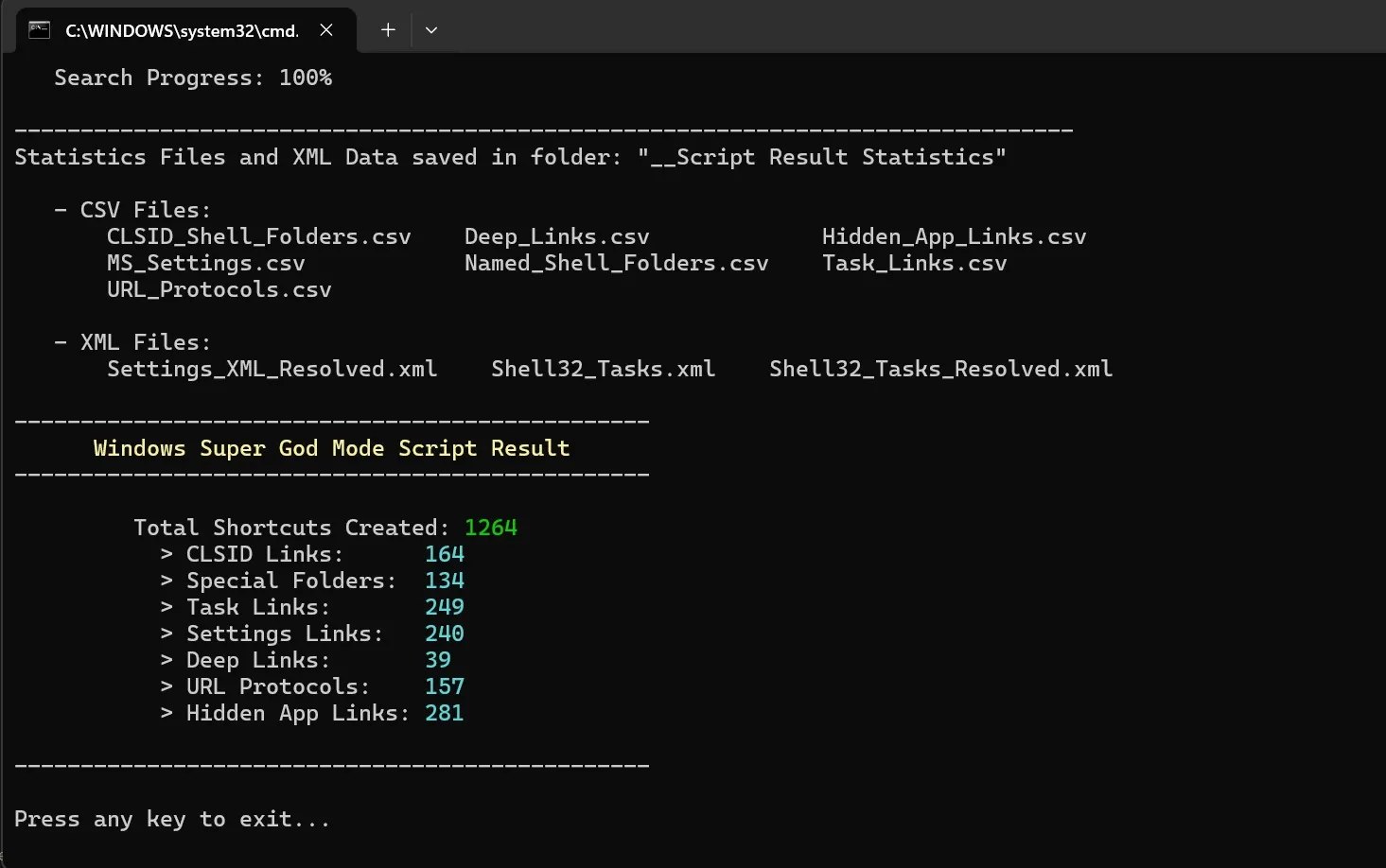 Ejecutando el script del modo súper dios en Windows 11 24h2