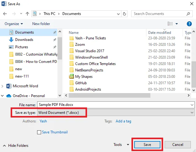 Altere Salvar como tipo para Documento do Word (*.docx) para salvar PDF como Word no Microsoft Word.