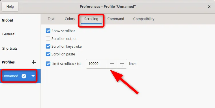 Aumentare la dimensione del buffer di Scrollback dalla scheda Scorrimento nelle preferenze del terminale Gnome.