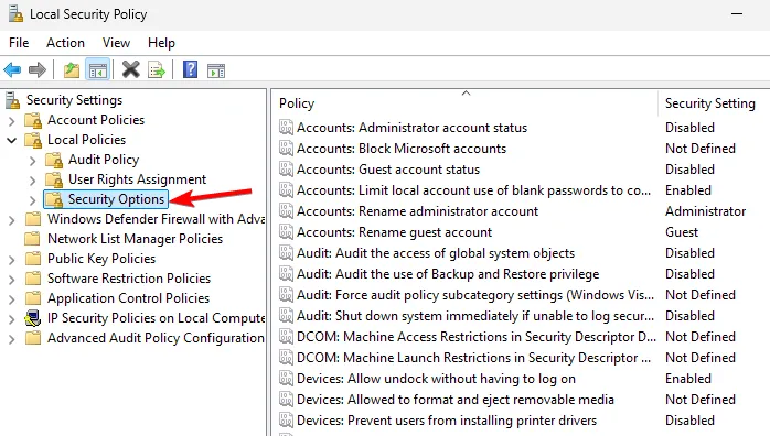 security options local security policy window