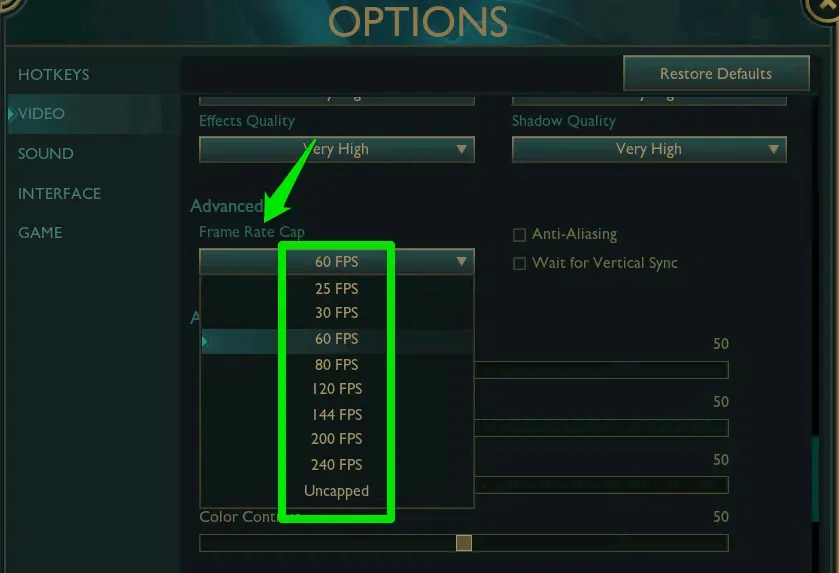 FPS menu in video game settings