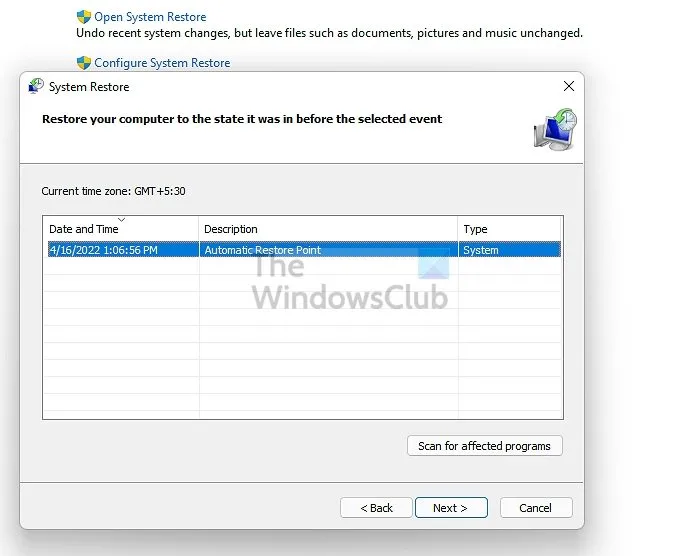 Seleziona Ripristino configurazione di sistema Windows