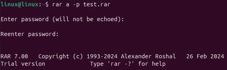 Définition d'un mot de passe à l'aide de rar avec les indicateurs a et p.