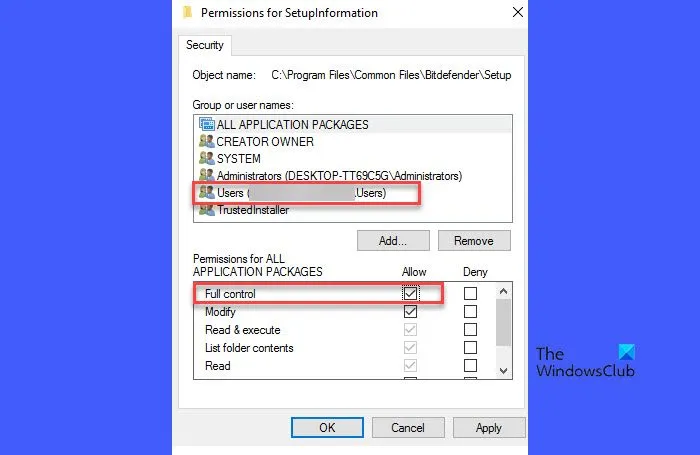 SetupInformation Bitdefender에 대한 권한 설정