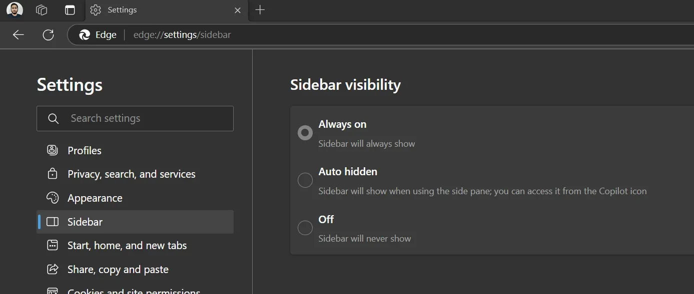 sidebar controls in edge 129