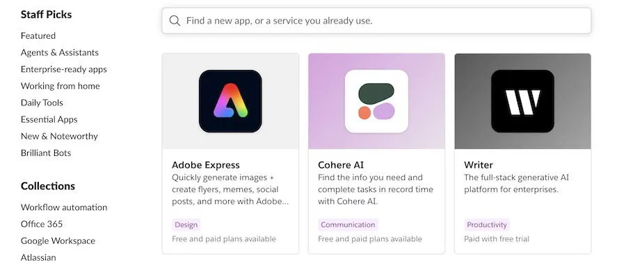 la homepage del marketplace delle app Slack