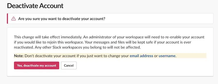 Bouton de confirmation de suppression de compte Slack