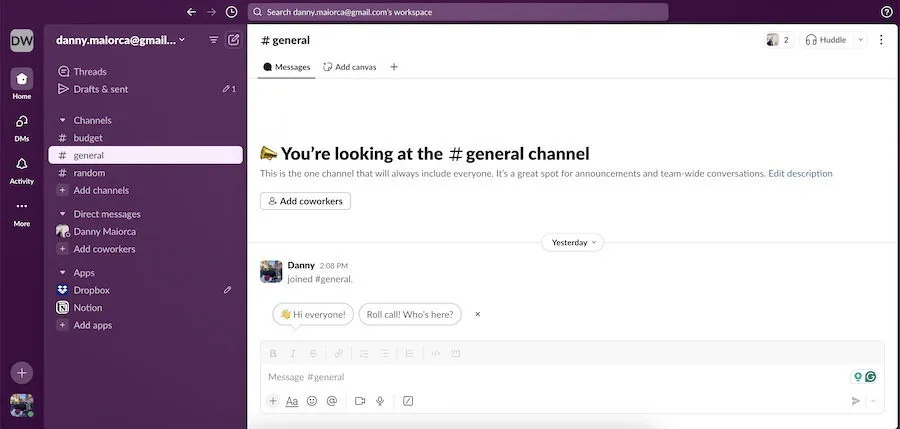 The Slack interface on a desktop device