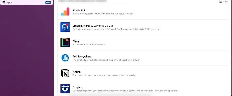 Liste der Apps in der Slack-App