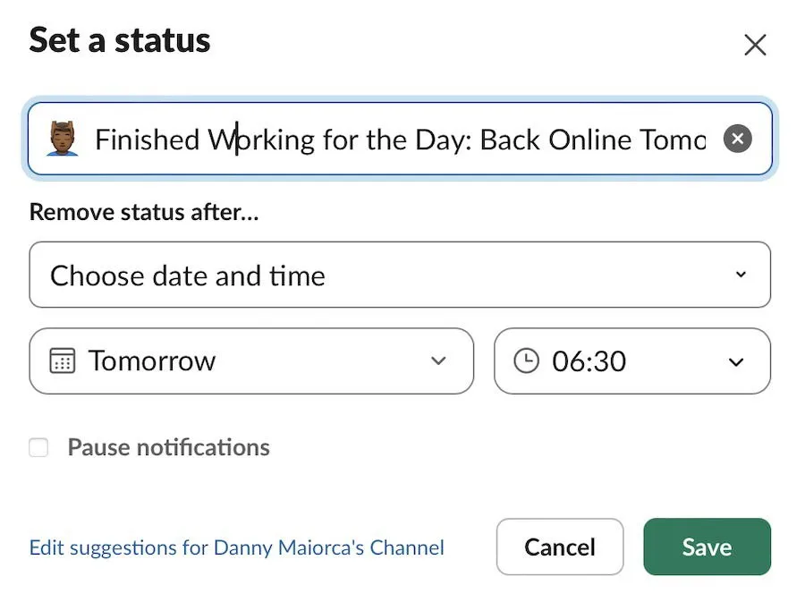 Definir um status do Slack para mostrar aos outros que você está offline naquele dia