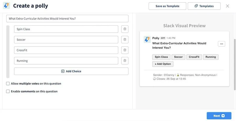 Creación de una encuesta en la integración de Polly para Slack