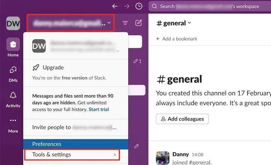 Slack Seleziona Strumenti e Impostazioni nell'app